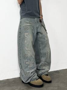 1 Stück Herren Jeans mit Justizia Bruder Stickerei, Loose Fit, gerade Beinform, Lässig (Gürtel und Zubehör nicht enthalten)