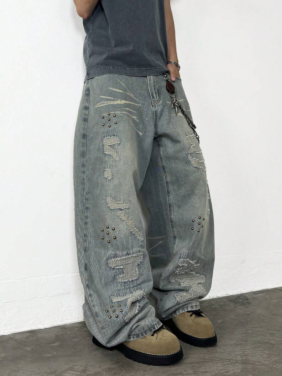 1 Stück Herren Jeans mit Justizia Bruder Stickerei, Loose Fit, gerade Beinform, Lässig (Gürtel und Zubehör nicht enthalten)