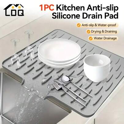 1 st - Stor silikonmatta för disk, 15,75x11,81 tum, inbyggd avloppsdesign, diskställ och platsbesparande, lätt att rengöra, svart och grå för kylskåp, spis, diskho (modernt kök), minimalistisk design, halkfri yta, bänkskydd, oumbärlig för matlagning hemma