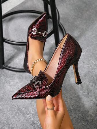 优雅的法式女式高跟鞋，性感百搭尖头时尚金属扣派对浅口鞋，修身正式工作细高跟鞋