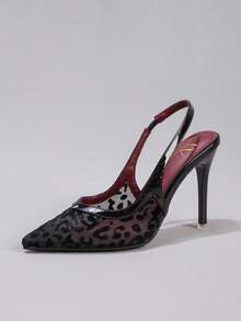 Leopard Print Lace Patchwork High Heel Shoes, Sexy Pointed Toe Backstrap Fashion Super High Heel Sandals For Party, Banquet, Event