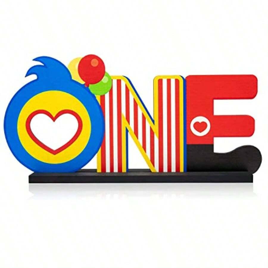 DPlim Plim ONE Letter Sign Wood Table Centerpiece - 1Pcs Circus Clown Plim Plim Theme First Birthday Party Decoration Ply For One Year Old Baby Shower 1st Birthday Table Ornament Photo Props - 紅色 - 查看 1