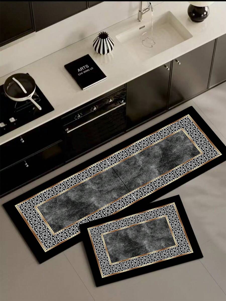 1 件装硅胶厨房垫，几何花卉图案，中间灰色纹理设计，兼具装饰性和实用性，缓冲防疲劳厨房地毯，表面织物材质，中间海绵吸水材质，底部橡胶材质，防滑易清洁厨房垫/地毯 - 彩色 - 查看 1