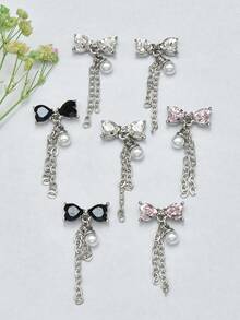 5 Pcs Bow Pearl Chains Nail ArtCharms, Luxury Heart Rhinestone &Bow Pearl Pendant Nail CharmsJapanese & Korean Style Nail Decorations, Nail Art Supplies