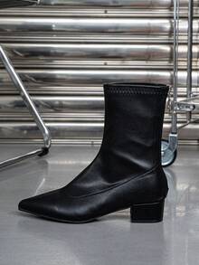 Fall/Winter Women's Fashion Boots, New Stylish Versatile Pointed Toe Chunky Heel Sexy Solid Color Ankle Boots, Bordeaux Color - Black - View 6