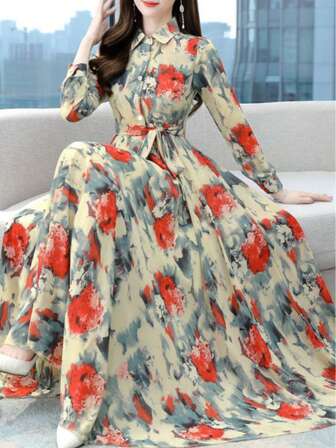 Women's Printed Shirt Dress - Long Sleeves, Waistband, Extra Long, Suitable For Elegant Bohemian And Formal Occasions