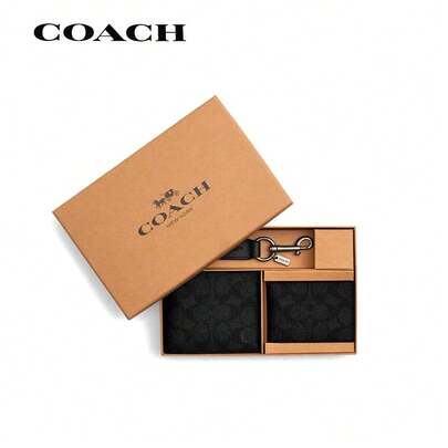 Coach Cartera para hombre COACH/COACH Cartera 3 en 1 Estuche de regalo clásico con diseño extraíble Tarjetero de lona revestida Cartera tres en uno