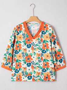 Acelitt 女士橙色荷叶边V领波西米亚风印花七分袖休闲衬衫 - 彩色 - 查看 3