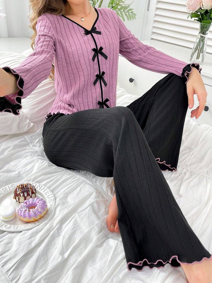 Women's Bow Contrast Color Long Sleeve Top & Pants Pajama Set, Fall & Winter Clothes