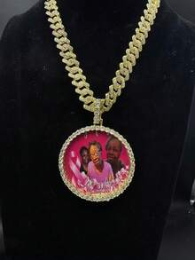 Customized Men's Hip Hop Photo Round Pendant Necklace, Brass Cubic Zirconia With 20-Inch Cuban Chain, Iced-Out, Personalized Gift, Streetwear - Multicolor - View 7
