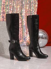 女士过膝靴，侧拉链高筒靴，户外通勤，简约百搭，秋冬粗跟高筒靴，圆头时尚扣马靴，不过膝高筒靴，黑色高跟女靴 - 黑色 - 查看 4