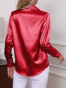 大码女式优雅府绸衬衫，经典纯色柔软舒适单排扣长袖衬衫，2025秋冬新款女装大码上衣 - 紅色 - 查看 2