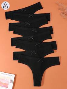 8Pcs/Set Women's Cotton Low-Rise Panties Thongs Underwear Comfortable Breathable Female Lingerie Bow - 黑色 - 查看 1