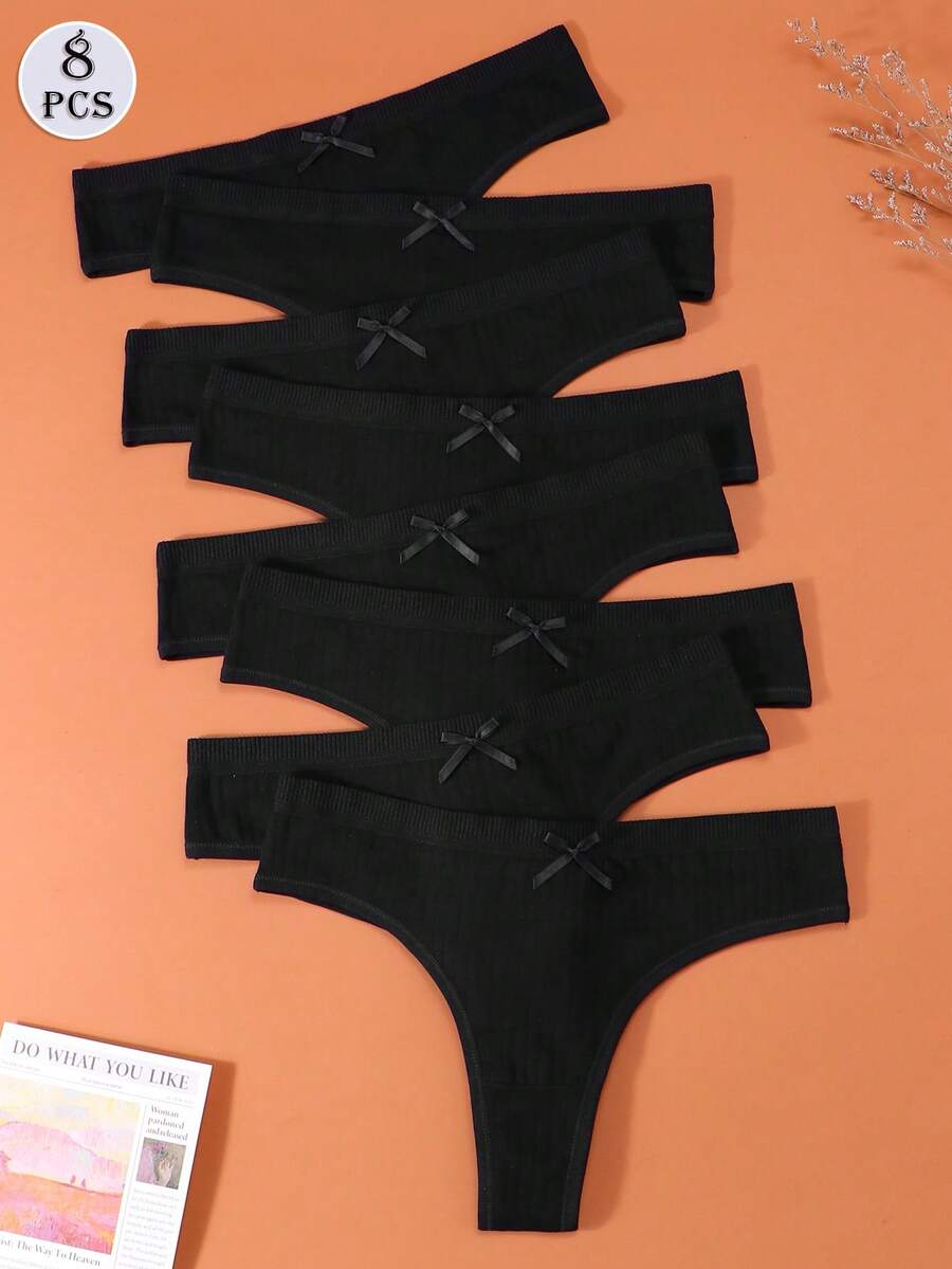 8Pcs/Set Women's Cotton Low-Rise Panties Thongs Underwear Comfortable Breathable Female Lingerie Bow - 黑色 - 查看 1