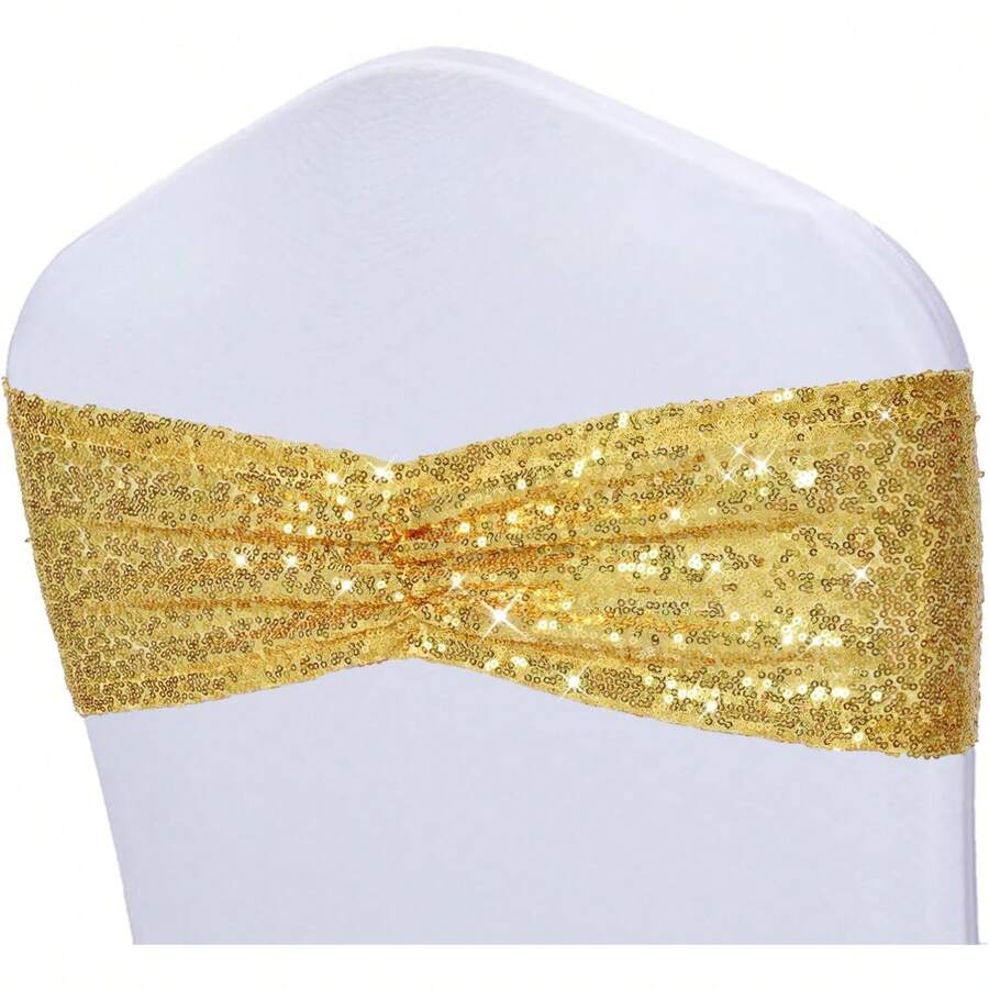 Gold Sequin Chair Sashes With Bow For Folding Chairs, Party Wedding Reception Decorations, 20 PCS - 金色 - 查看 1