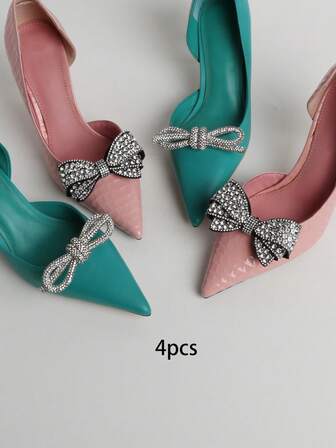 4pcs Black & White Crystal Rhinestone Bow Decor, Fashion Elegant Classic Cute DIY High Heels Shoes Accessories, Suitable For Stylish Sexy Ladies Date Shoes, Sneakers, Brooches, Bag Clips, Home Decor, Multi-Purpose Decorations