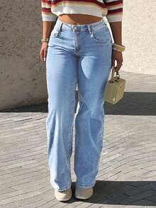 Women's Pocket Straight Tube Loose Casual Versatile Jeans - 淺色水洗藍 - 查看 2