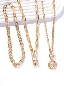 3pcs/Set Fashionable Retro Metal Chain Coin Badge, Lock Pendant Necklace Set For Women, Daily, Business, Casual, Party, Gift For Friends, Holiday & Birthday