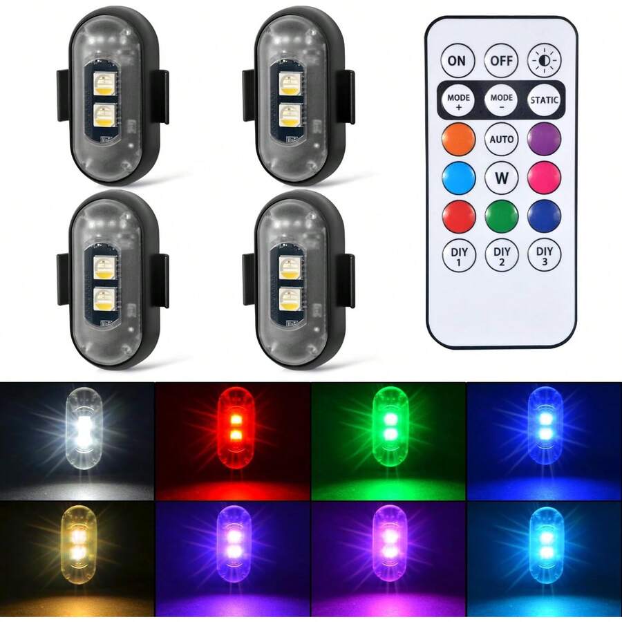 4PCS Wireless LED Strobe Lights With Remote Control, 8 Colors Rechargeable LED Lights Anti-Collision Led Emergency Warning Lights For Car Motorcycle Bike Drone Aircraft - 6pcs - View 1