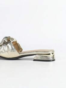 Sandálias Femininas Elegantes com Laço Dourado - Sandálias de Salto Baixo Quadrado com Nó, Salto Grosso, Moda para Festa e Uso Diário, Chinelos de Verão