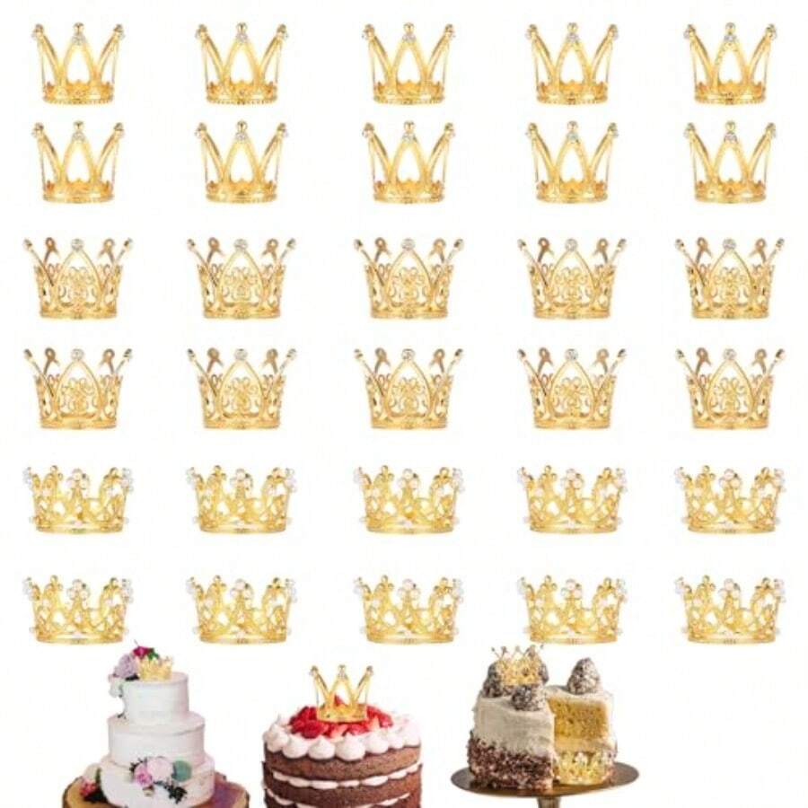 D30 Pcs Crown Cake Topper Mini Queen Gold Crown 3 Style Pearl Crystal Vintage Small Princ Headpiece Cake Decor For Women Lady Girl Bridal Wedding Baby Shower Party - như hình ảnh - Xem 1