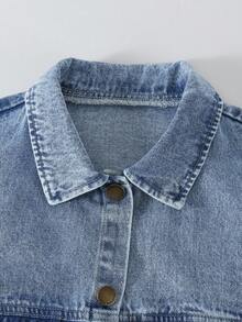 2pcs/Set Tween Girl Casual Street Fashion Minimalist Comfortable Versatile Long Sleeve Denim Patchwork Jacket And Knit Pants Set - Medium Wash - View 3