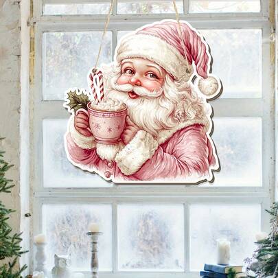 A Christmas Wooden Doorplate - Unique Pink Santa Claus With Garlands And Coffee Cups, Holiday Wall Hanging Decoration, Universal Holiday Plaque, Suitable For Home And Office