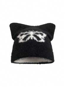 1顶男士新款可爱街头五角星刺绣毛绒帽，带猫耳，保暖护耳针织帽，秋季款 - 小蝴蝶 - 查看 11