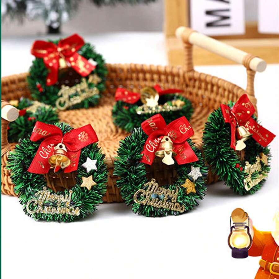 5 piezas/10 piezas Minicoronas navideñas de estrella con lazo de campana de cascabel para escena en miniatura