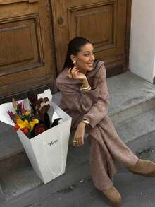 VIBEWAVE Women Casual Knit Suit, Loose Turndown Collar Half-Zip Long Sleeve Sweater And High Waist Wide Leg Pants 2 Pieces Set - Rust Brown - View 3