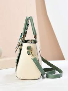 女士手提包三件套，优雅几何印花，人造革材质，包括手拿包和丝巾 - 綠色 - 查看 4