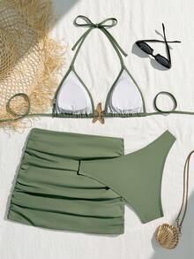 Set de 3 piezas Bikini con estampado de estrella de mar con escote halter, espalda con lazos y volantes, sexy y sin espalda para vacaciones en la playa en verano - Verde - Ver 2