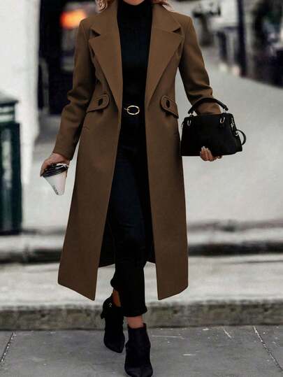 Plus Size Women Solid Color Double-Breasted Woolen Coat, Fashionable For Daily Commute In Autumn/Winter