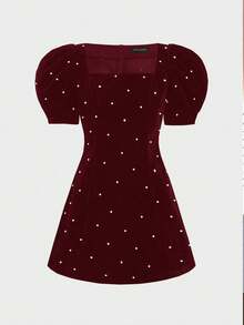 Elegant French Romantic Party Dress, Puff Sleeve Pearl Decor Mini Dress For Birthday Party, Date