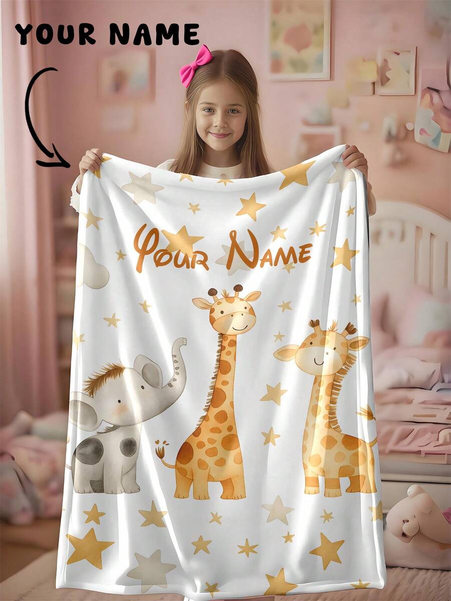 1 pieza Manta personalizada y a medida, patrón de elefante & jirafa, manta con texto, manta conmemorativa, colgante de pared, diseño de manta con retrato fotográfico, adecuada para niñas, niños, adultos, Día de San Valentín, ligera, manta para bebé, manta personalizada