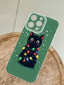 1PC Funda de teléfono con gato negro envuelto en luces navideñas sobre fondo verde protectora para lente ideal para quienes aman a los animales y la temporada festiva regalo divertido y lleno de espíritu navideño : funda transparente con protección completa para lente compatible con iPhone16/15/14/13/12/11/Pro/ProMax, compatible con Galaxy A34/A35/A54/A55, Galaxy S20/S21/S22/S23/S24 Ultra/Plus, compatible con Moto/Galaxy/Redmi/Honor/OPPO, agarre cómodo regalo festivo para amigos, novia, novio, familia - transparente - Ver 2