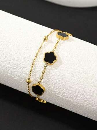 1pc Stainless Steel Double-Layer Four-Leaf Clover Bracelet, Suitable For Women's Daily Wear