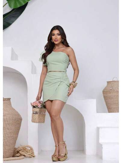 Conjunto Margarida ombro único saia drapeada amarração nas costas elegante estilo