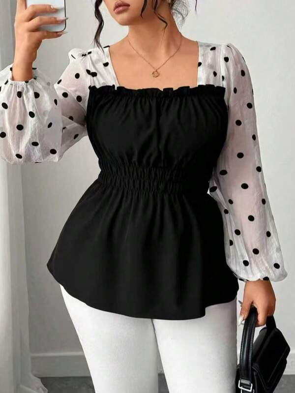 Plus Size Slimming Design Waist Cinched Long Sleeve Square Collar New Blouse, French Patchwork Plus Size Top