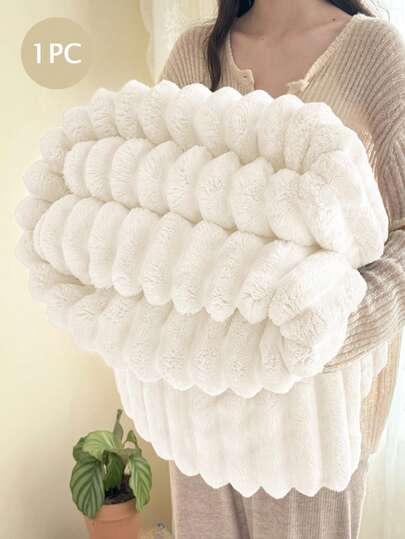 1pc Luxurious Dual-Sided Faux Rabbit Fur Throw Blanket - Cozy Striped Flannel, Soft & Warm For Naps, Office, Camping, Sofa - Versatile Polyester Bed Cover, Perfect Christmas Gift