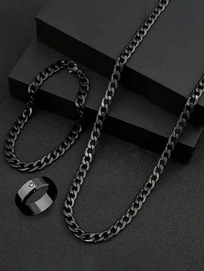 3pcs Black Cuban Link Chain Bracelet Necklace Ring Set, Versatile For Daily Wear And Vacation, Best Birthday Gift For Him, Exquisite Year-End Promotion Gift
