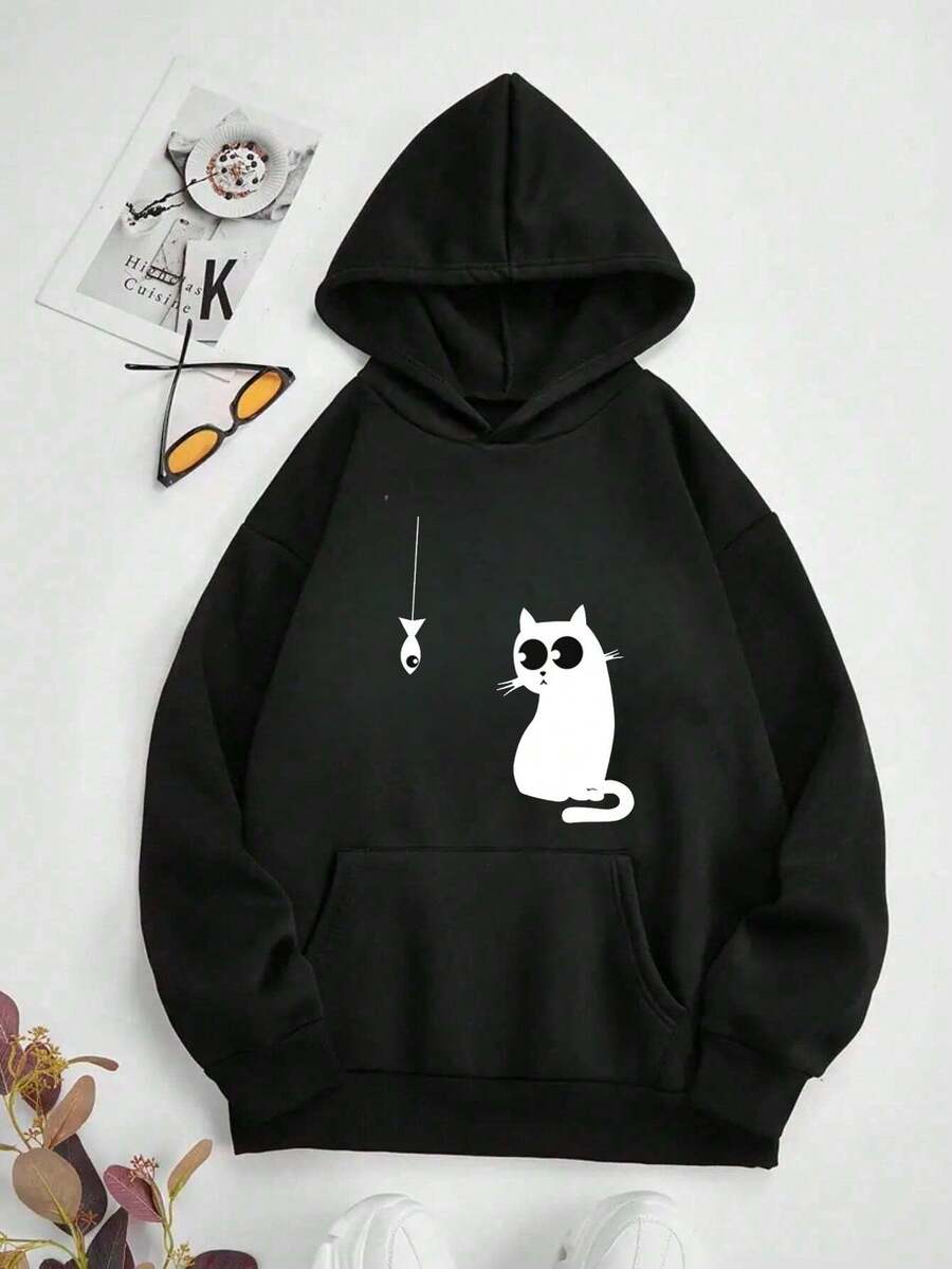 Sudadera con capucha y estampado de polar para hombre - Negro - Ver 1
