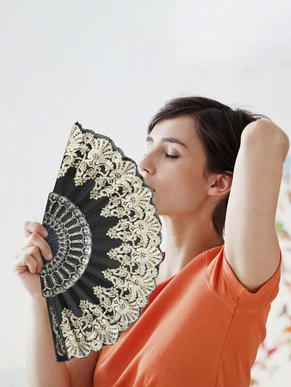 1 szt. Elegancki, ręcznie składany wachlarz z europejskim wzorem kwiatowym, odpowiedni do codziennego użytku, fotografii, imprez, tańca na Halloween
