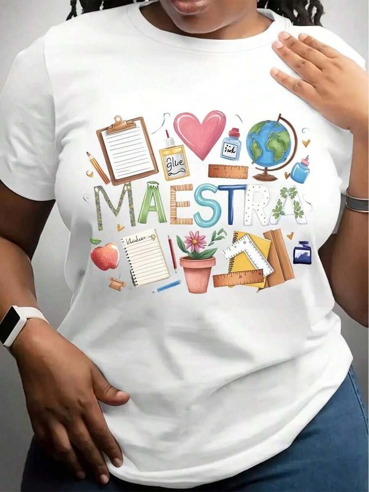 Camiseta Temática de Maestra para Mujeres - Ilustración Educativa Colorida, 100% Ajuste Cómodo, Manga Corta, Cuello Redondo - Disponible en Múltiples Colores, Camisetas de Maestra, Top Casual de Algodón Puro para Mujeres - Blanco - Añade 1