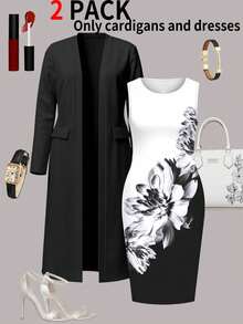 2pcs Women's Elegant Autumn/Winter Set - Fashionable Ladies' Two Pieces Dress, Long Cardigan Jacket + Floral Print Sleeveless Maxi Dress - Black - View 1