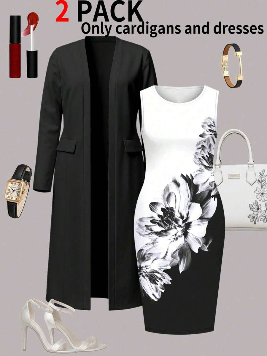 2pcs Women's Elegant Autumn/Winter Set - Fashionable Ladies' Two Pieces Dress, Long Cardigan Jacket + Floral Print Sleeveless Maxi Dress - Black - View 1