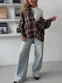 Women's New Vintage Plaid Long Sleeve Shirt, Casual Versatile Jacket For Spring - Brown - View 5