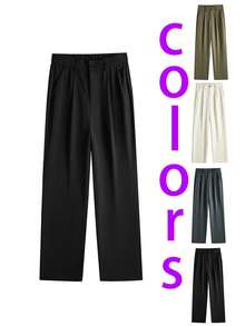 男士纯色休闲裤，带口袋和腰带环，时尚百搭的米色男士正装裤，弹力面料 - 黑色 - 查看 6