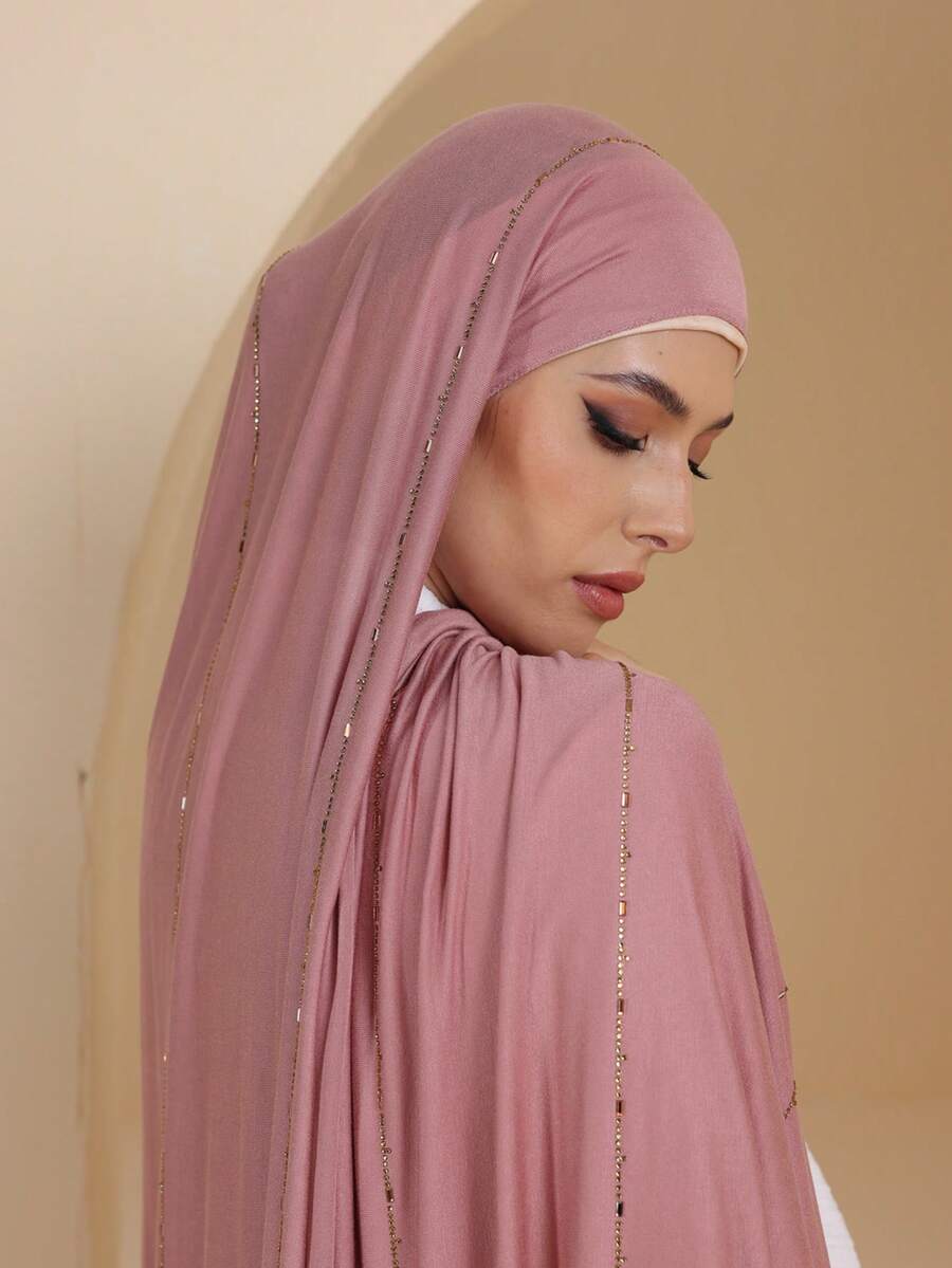 1pc Women's Plain Jersey Soft Headscarf, Rhinestone Decor, Casual Arabic Style Long Scarf, Conservative Solid Color, Suitable For Daily Use For Dress - Pink - View 1