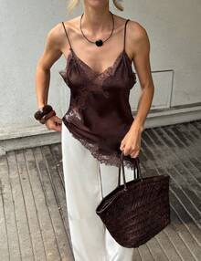 Women Satin Lace Camisole Top Sleeveless Spaghetti Strap Silk Lace Trim Cami Top Asymmetrical Tank Top Streewear - 棕色 - 查看 2